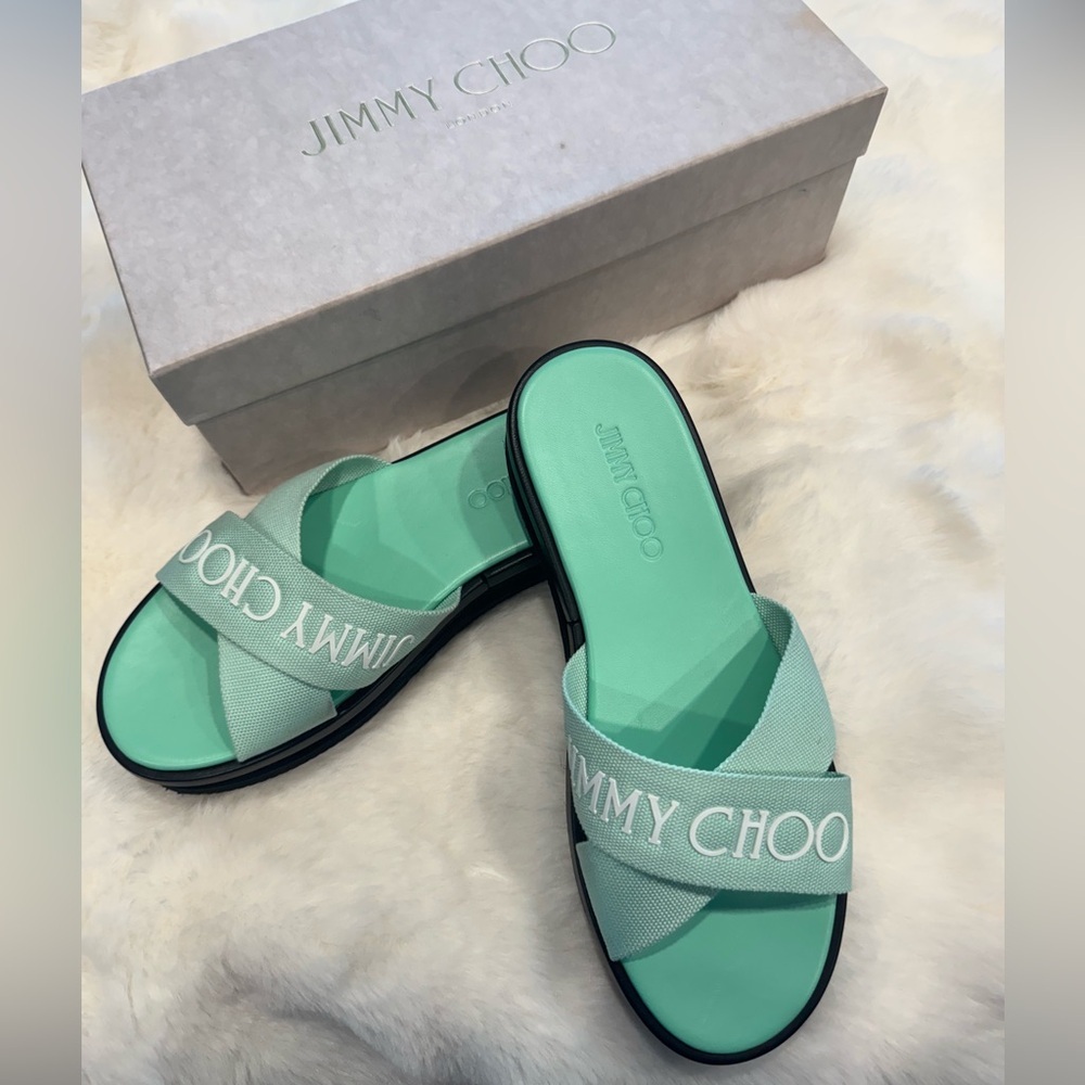 Jimmy Choo Green Canvas Logo Wedge Sandals